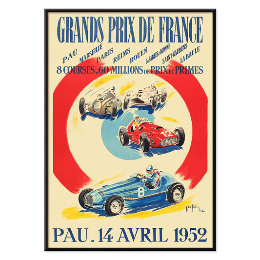 Vintage poster by Jean Des Gachons showing colorful race cars and event details for Grands Prix de France at multiple locations, with black aluminium frame on white background