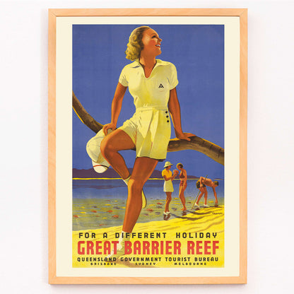 Vintage travel poster by Percival Albert Trompf showing a woman sitting on a branch at the Great Barrier Reef with people enjoying the beach in the background, framed and displayed in modern living room decor
