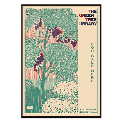 Vibrant green tree illustration and poster by Henry McCarter titled The Green Tree Library featuring green foliage decorative border and text for sale, with black aluminium frame on white background