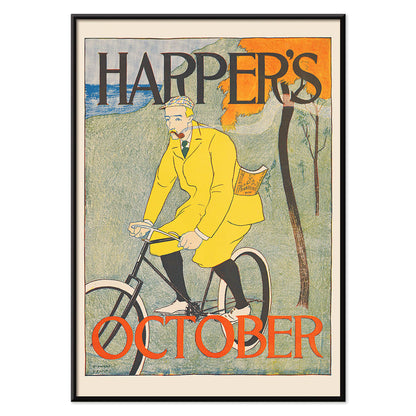 Man riding bicycle in autumn landscape wearing yellow outfit Harper for October poster by Edward Penfield with title displayed at top and bottom, with black aluminium frame on white background