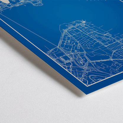 Closeup detail of Hong Kong Minimalist Map by Artist Name blue urban blueprint wall art poster featuring city skyline and street layout