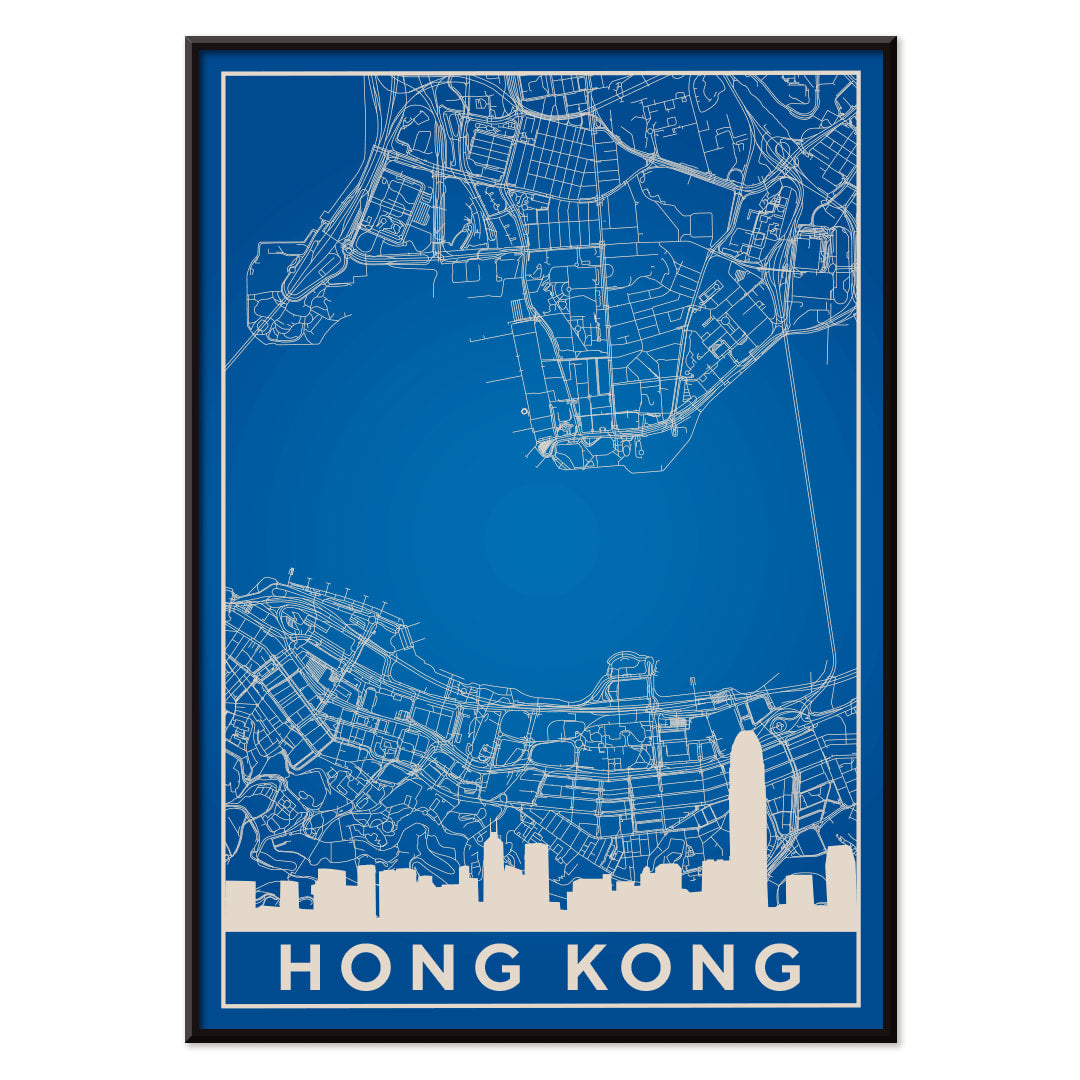 Hong Kong Minimalist Map by Artist Name blue urban blueprint wall art poster featuring city skyline and street layout, with black aluminium frame on white background