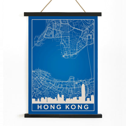 Hong Kong Minimalist Map by Artist Name blue urban blueprint wall art poster featuring city skyline and street layout, with wooden magnetic frame on white background