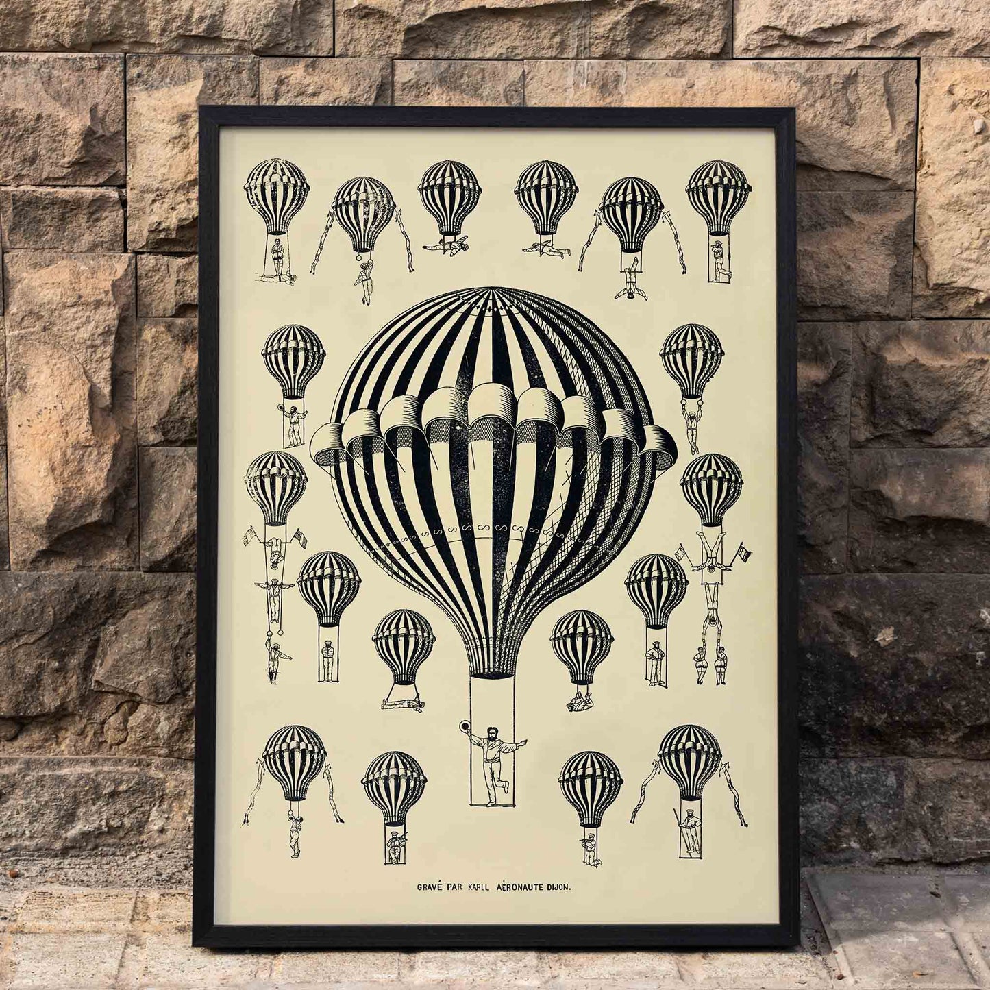 Henry La Vaulx Hot Air Balloon Study vintage scientific balloon chart with black and white striped balloons poster, framed and displayed in home decor