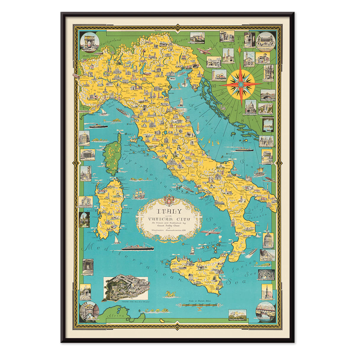 Map of Italy and Vatican City by Ernest Dudley Chase illustrated poster with colorful landmarks and detailed design, with black aluminium frame on white background