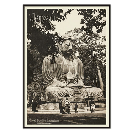 Japan travel poster by Japanese Government Railways showing the Great Buddha in Kamakura with people near the large statue, with black aluminium frame on white background