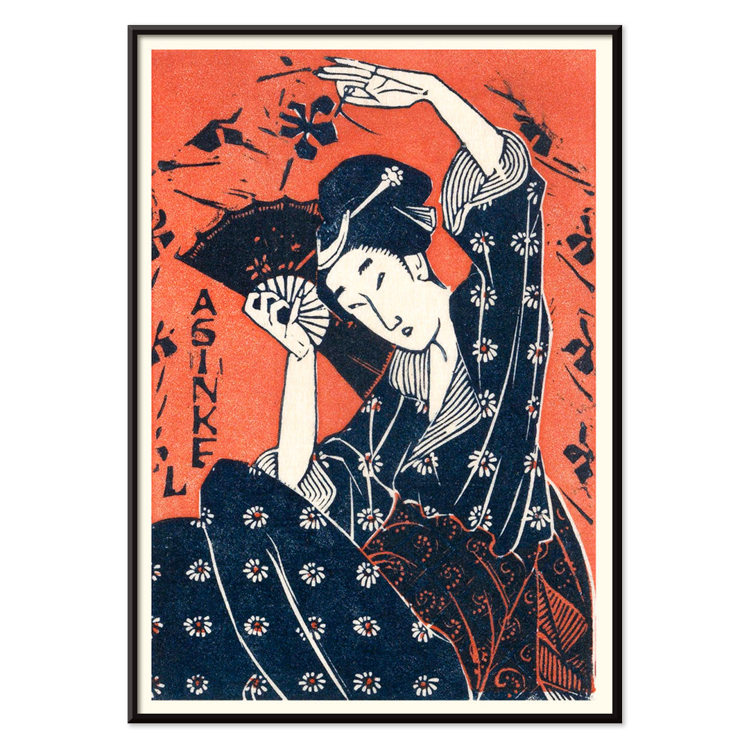 Japanese woman in traditional kimono holding a fan artwork inspired by Utagawa Hiroshige poster, with black aluminium frame on white background