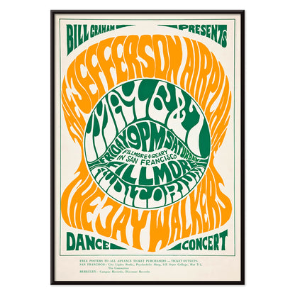 Psychedelic concert poster by Wes Wilson for The Jefferson Airplane and Jay Walkers at Fillmore Auditorium with vibrant orange and green text, with black aluminium frame on white background