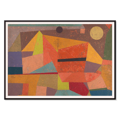 Joyful Mountain Landscape by Paul Klee vibrant abstract colors geometric shapes poster of mountainous scene, with black aluminium frame on white background