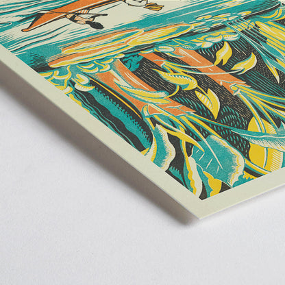 Closeup detail of Three people canoeing through lush jungle foliage on a river vibrant greenery A Jungle Picnic Pl by Clifford Webb poster