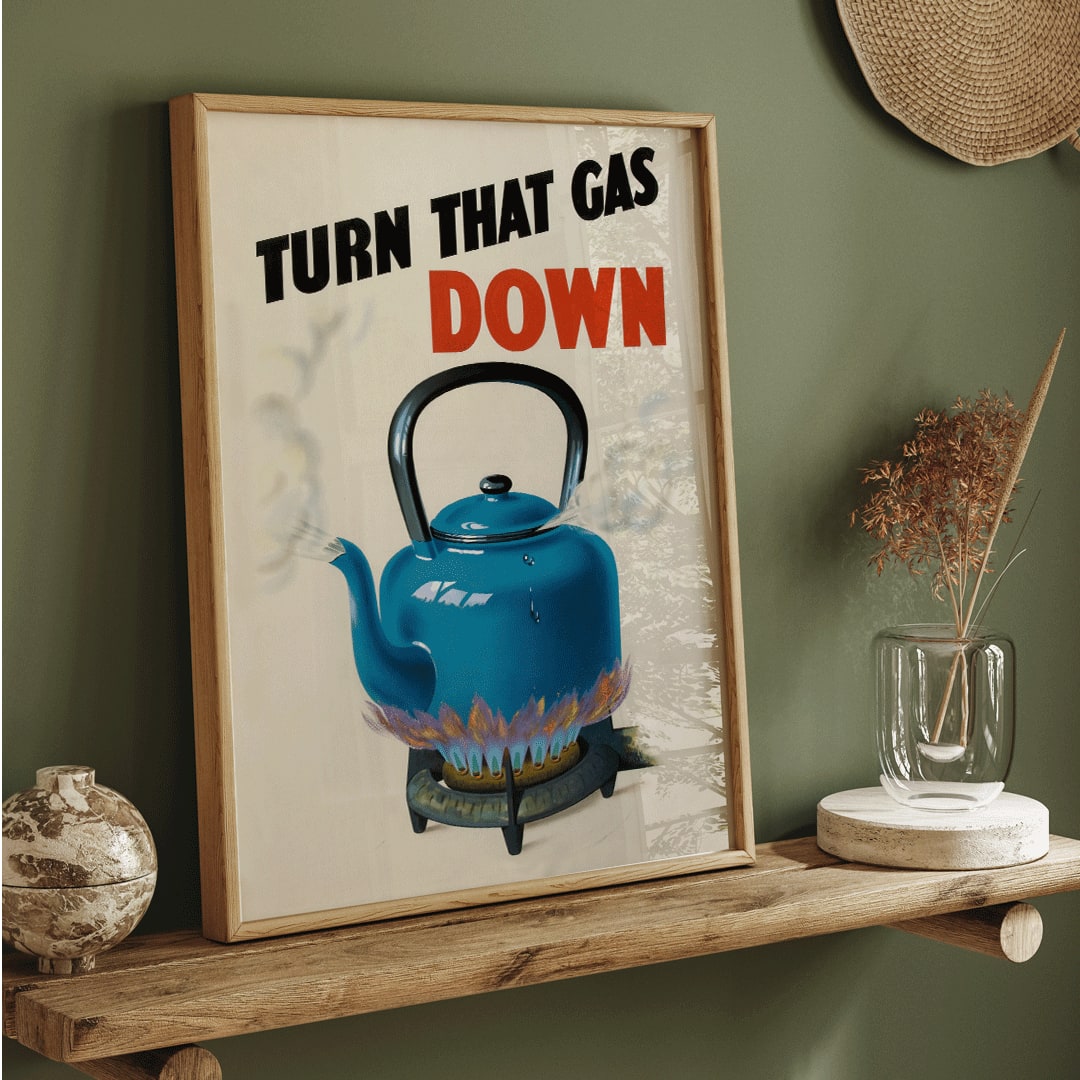 Blue kettle boiling on gas stove with steam and flames promoting energy saving from Turn that gas down artwork, framed and displayed in home decor