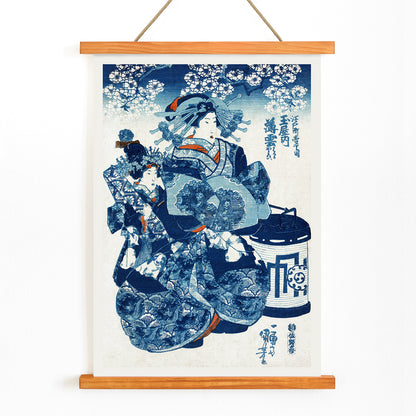 Japanese woman in traditional kimono with fan under cherry blossoms vintage ukiyo-e artwork by Utagawa Kuniyoshi, with wooden magnetic frame on white background