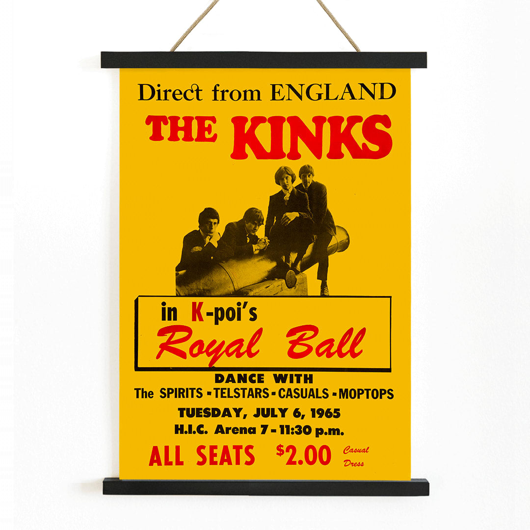 Poster and concert performance by the Kinks at Hawaii Honolulu International Center Arena featuring various bands and ticket details, with wooden magnetic frame on white background