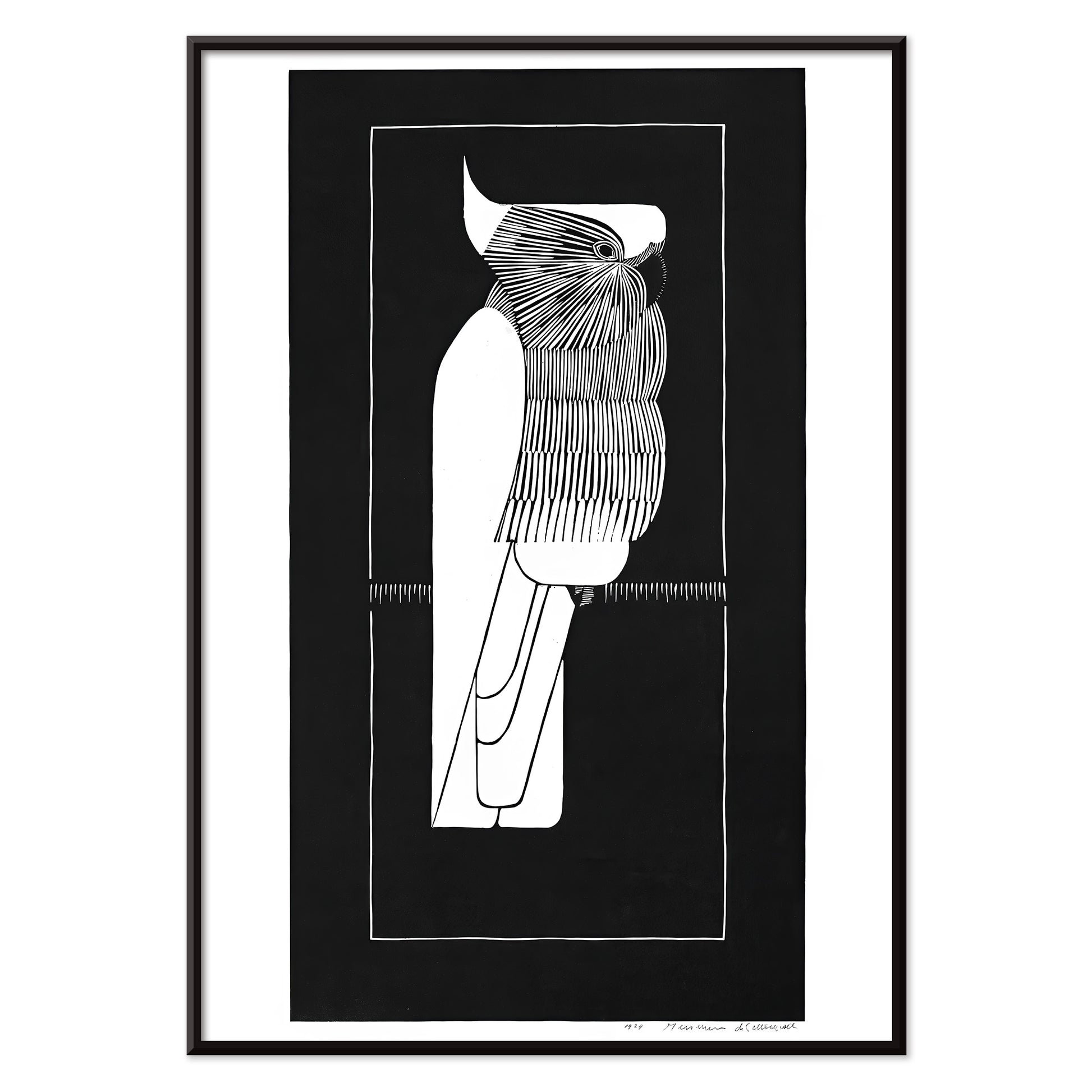 Black and white sulphur crested cockatoo fine art print and stylized poster by Samuel Jessurun de Mesquita, with black aluminium frame on white background