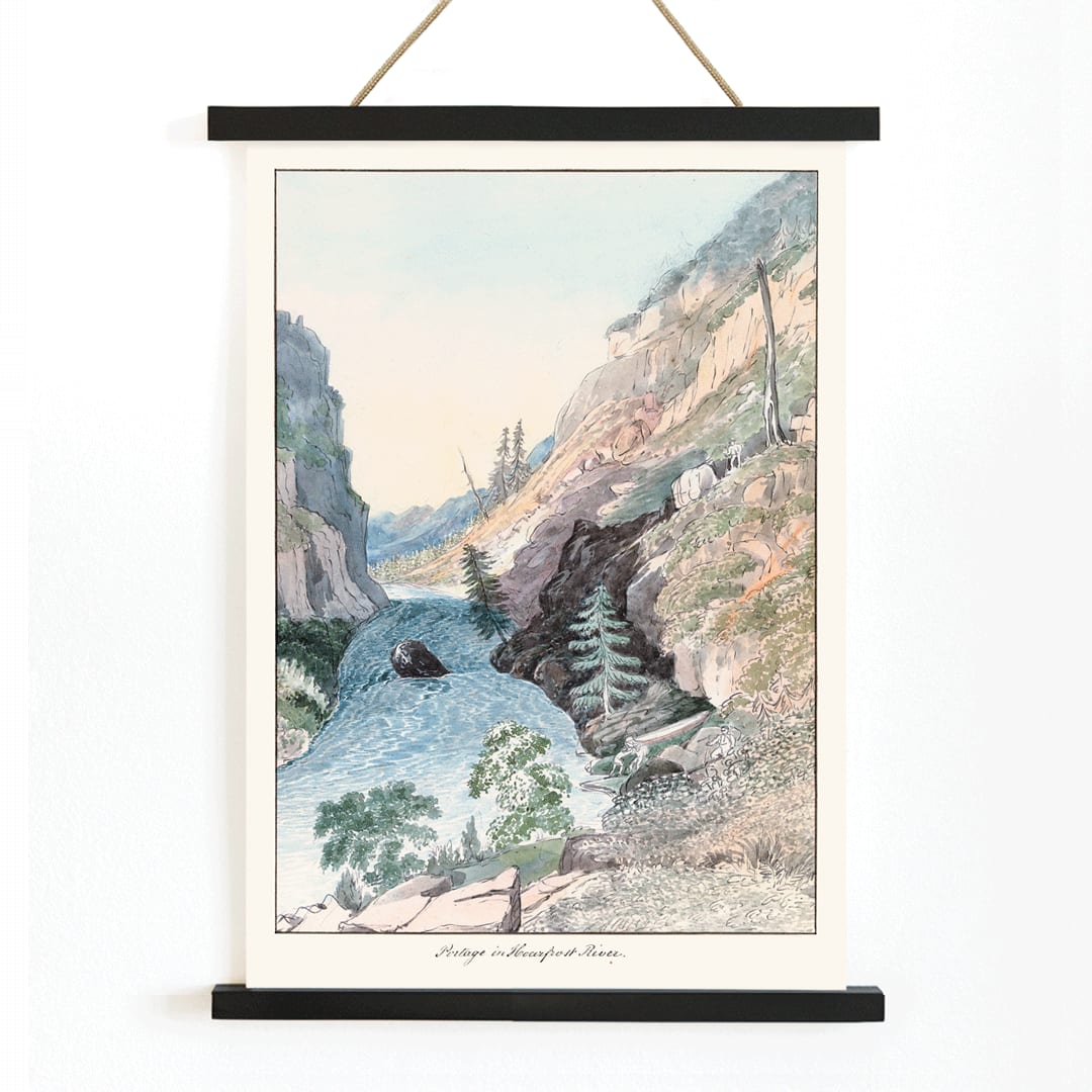 Portage in Hoarfrost River by Charles Hamilton Smith painting and poster showing a scenic river landscape with rugged cliffs trees and a serene rocky canyon, with wooden magnetic frame on white background
