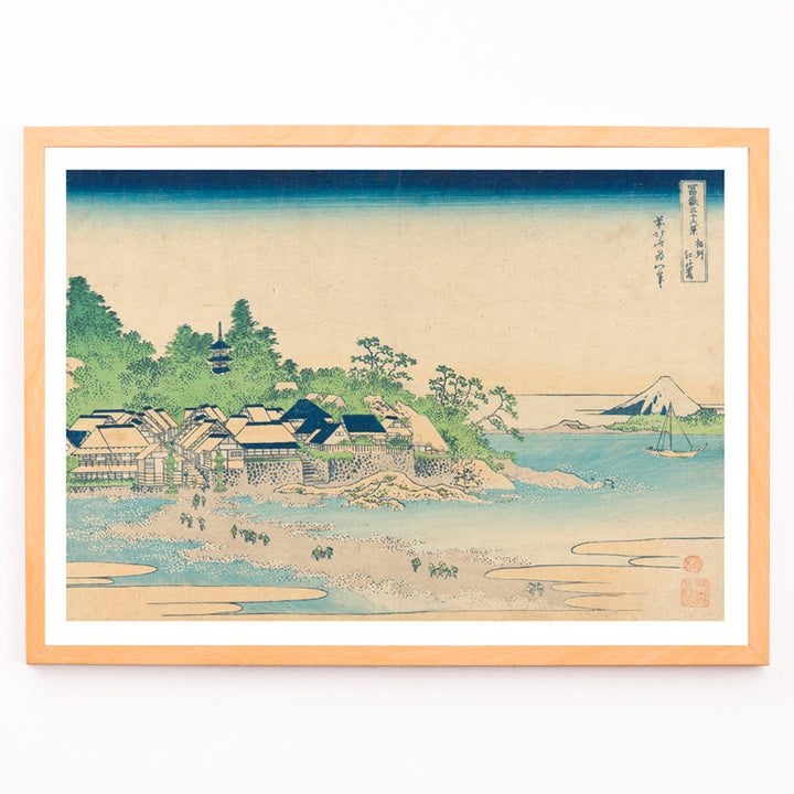 Closeup detail of Coastal village with houses trees ocean and Mount Fuji by Katsushika Hokusai Enoshima in Sagami Province Japanese artwork