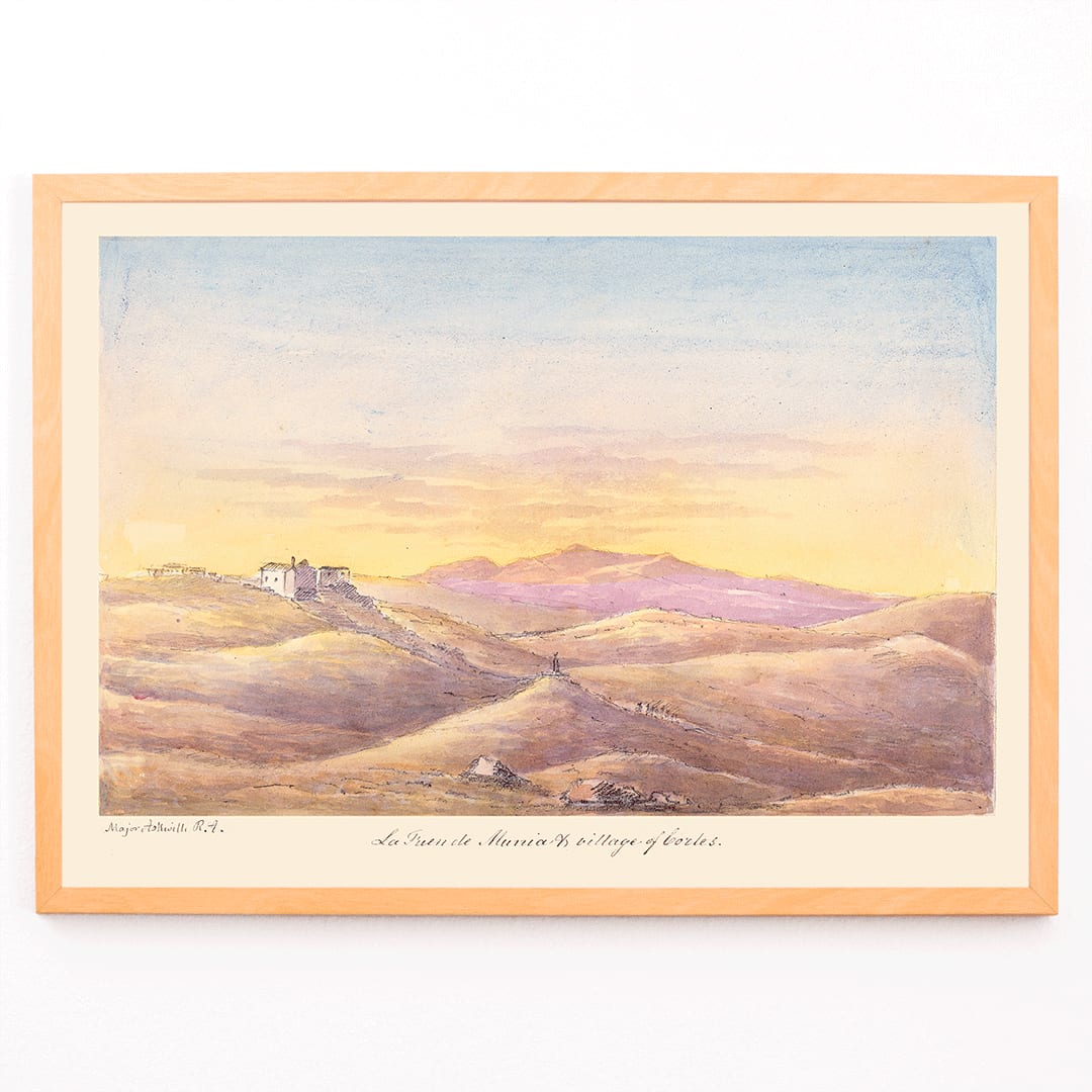 La Fuen de Munia and Village of Cortes by Charles Hamilton Smith scenic landscape poster with hills and distant village, framed and displayed in modern living room decor