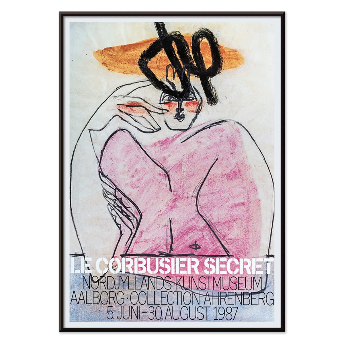 Secret Ahrenberg Collection Exhibition poster by Le Corbusier featuring abstract art with bold lines and vivid colors, with black aluminium frame on white background