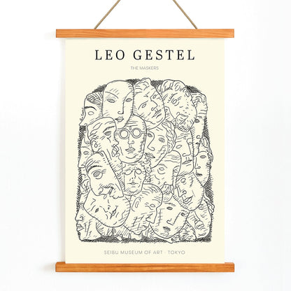 Leo Gestel Maskers artwork and poster featuring abstract faces and post-impressionist style exhibited at Seibu Museum of Art Tokyo, with wooden magnetic frame on white background