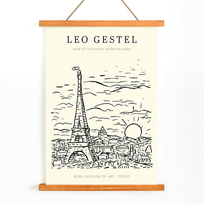 Artwork by Leo Gestel View of the Eiffel Tower in Paris sketch of Eiffel Tower and cityscape poster, with wooden magnetic frame on white background