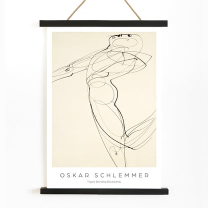 Abstract line drawing poster of a human figure bending backwards by Oskar Schlemmer from Figure Bending Backwards, with wooden magnetic frame on white background