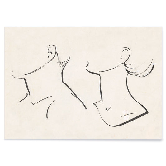 Minimalist ink drawing and line art poster of man and woman necks by Hans Borrebach, with black aluminium frame on white background