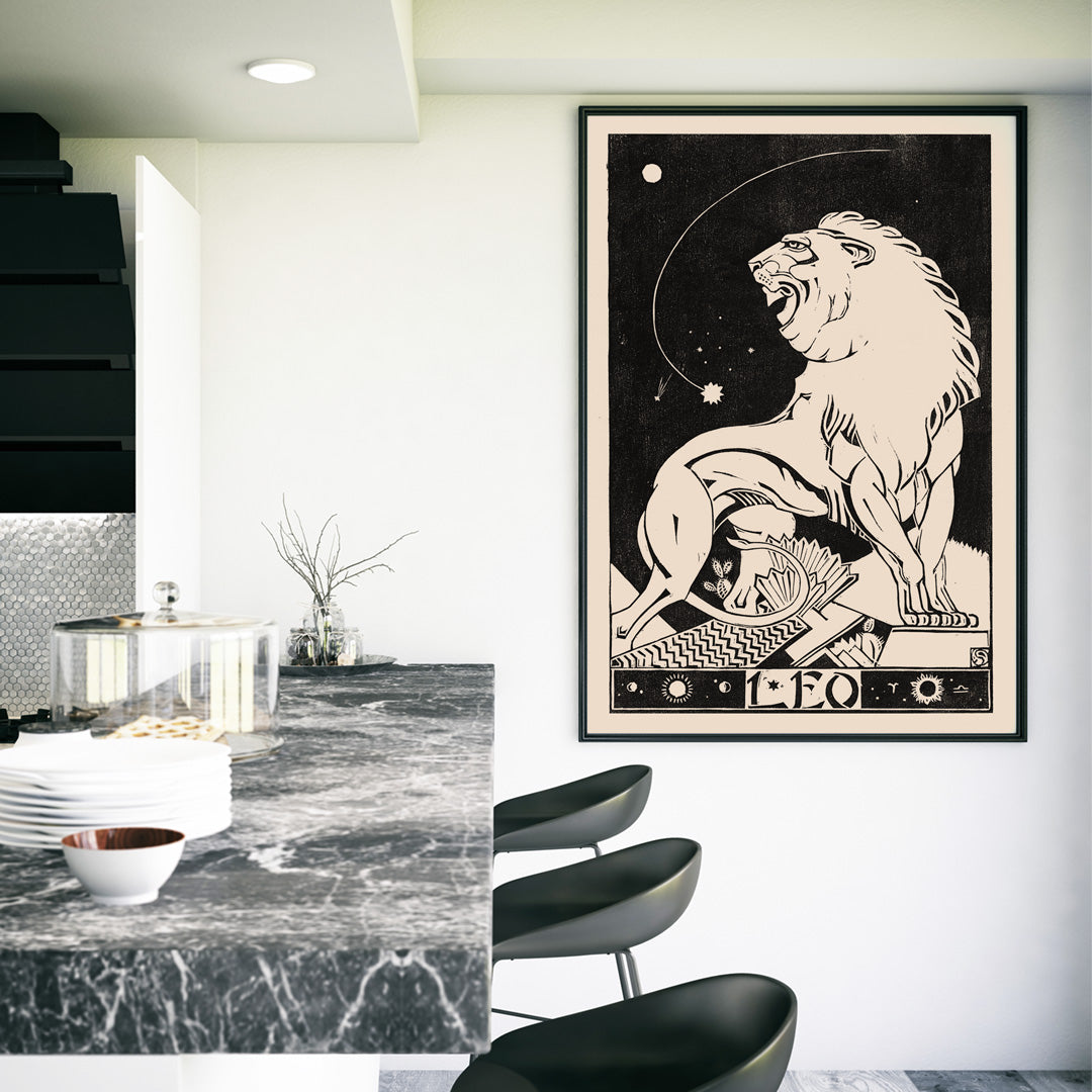 Art deco poster of a stylized roaring lion representing Leo zodiac sign by Henri van der Stok in black and white, framed and displayed in home decor