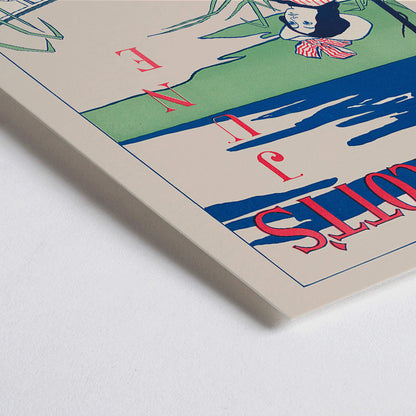 Closeup detail of Woman boating on a serene river wearing a striped dress and hat surrounded by reeds and water lilies Lippincotts June by William Carqueville