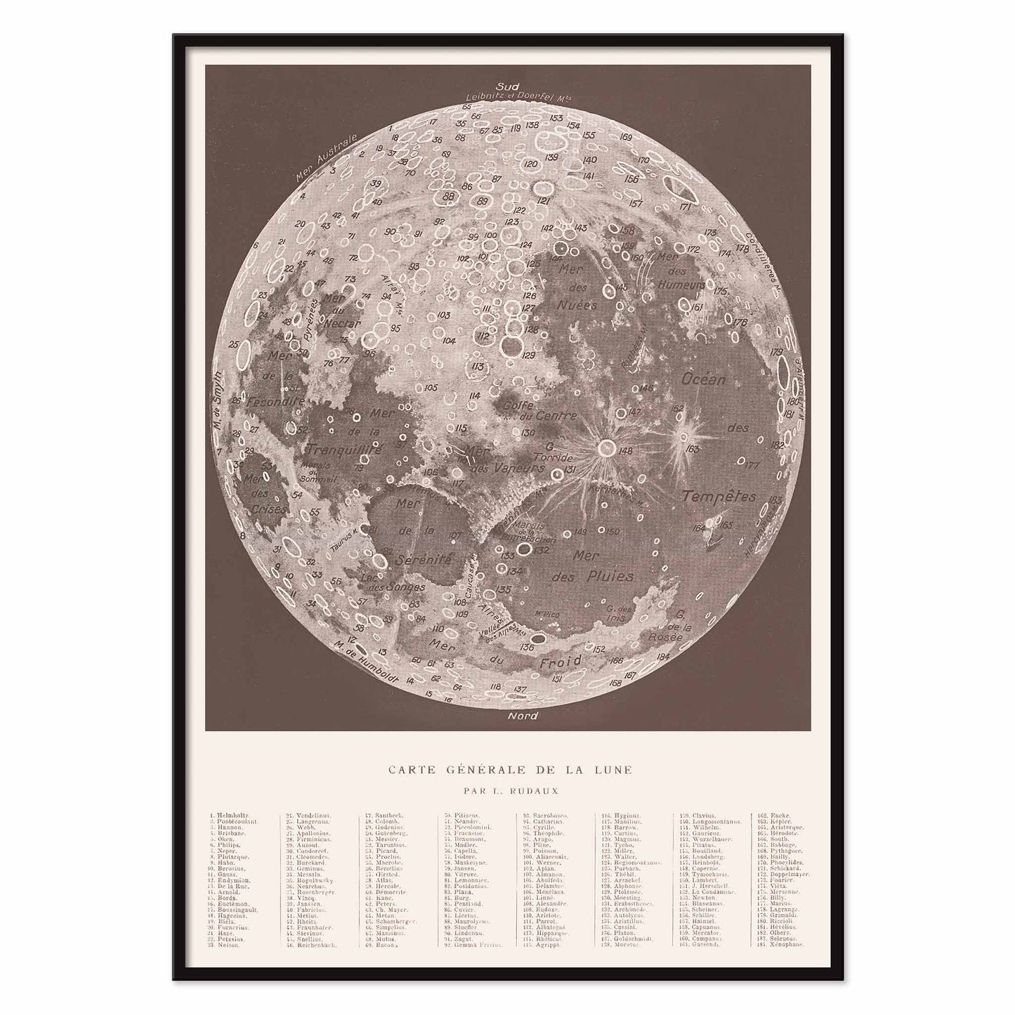 Lucien Rudaux General Map of the Moon poster with labeled lunar globe and craters in vintage monochrome scientific style, with black aluminium frame on white background