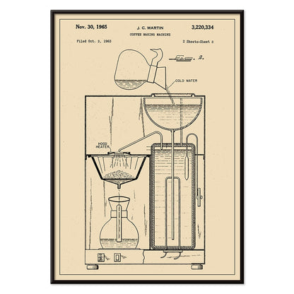 Vintage coffee making machine patent drawing and technical poster by JC Martin with labeled components and mechanisms, with black aluminium frame on white background