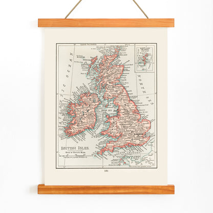 Vintage cartographic map of the British Isles from Universal Atlas of the World as detailed artwork poster, with wooden magnetic frame on white background