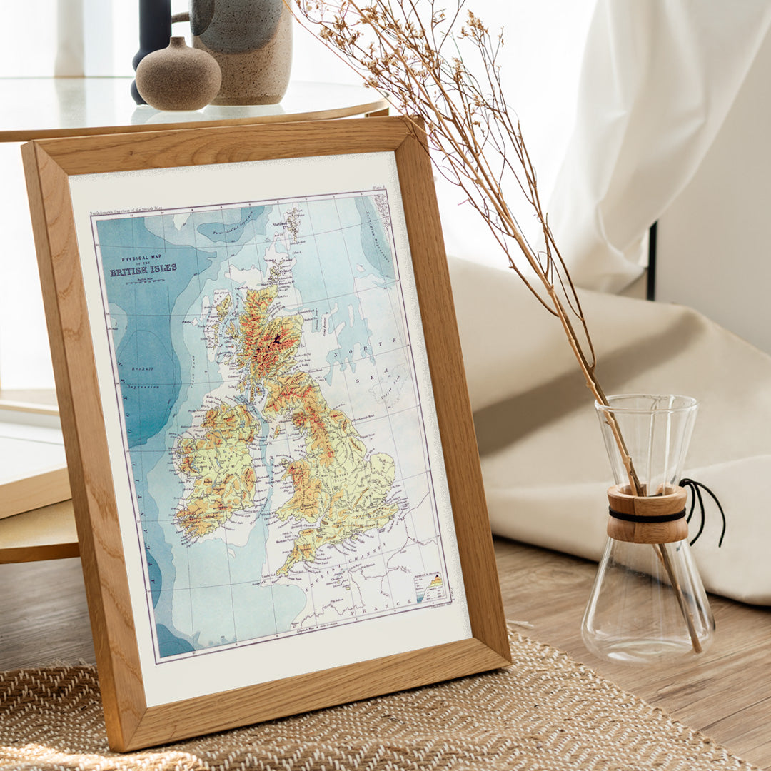 Vintage topographic and physical map poster of the British Isles by John Bartholomew from Gazetteer of the British Isles, framed and displayed in home decor
