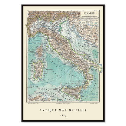 Colorful historical map of Italy by Institute of Liepzig German antique artwork with detailed geographical features, with black aluminium frame on white background