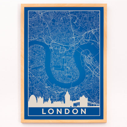 Minimalist London map artwork poster with blue background white map details by artist Anonymous featuring major landmarks, framed and displayed in modern living room decor