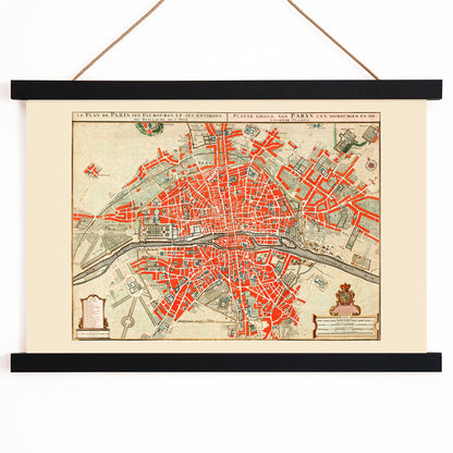 Ancient map of Paris by Guillaume Delisle detailed city layout illustration and poster artwork with red highlights, with wooden magnetic frame on white background