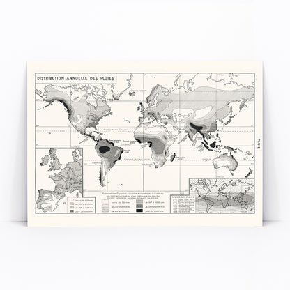 Black and white world map poster illustrating annual rainfall distribution patterns wall art, framed and displayed in modern living room decor