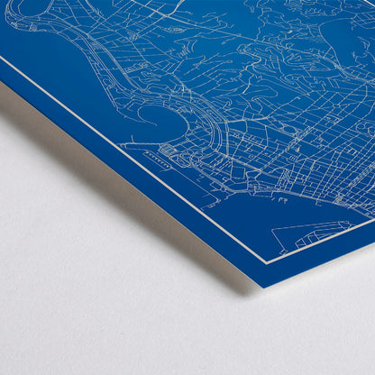 Closeup detail of Minimalist blue and white Rio de Janeiro map poster by Moryarty featuring detailed street lines and city skyline silhouette