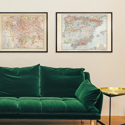 Ancient vintage map of Spain and Portugal with detailed regions and borders by Bibliographic institute of Liepzig poster artwork, framed and displayed in home decor