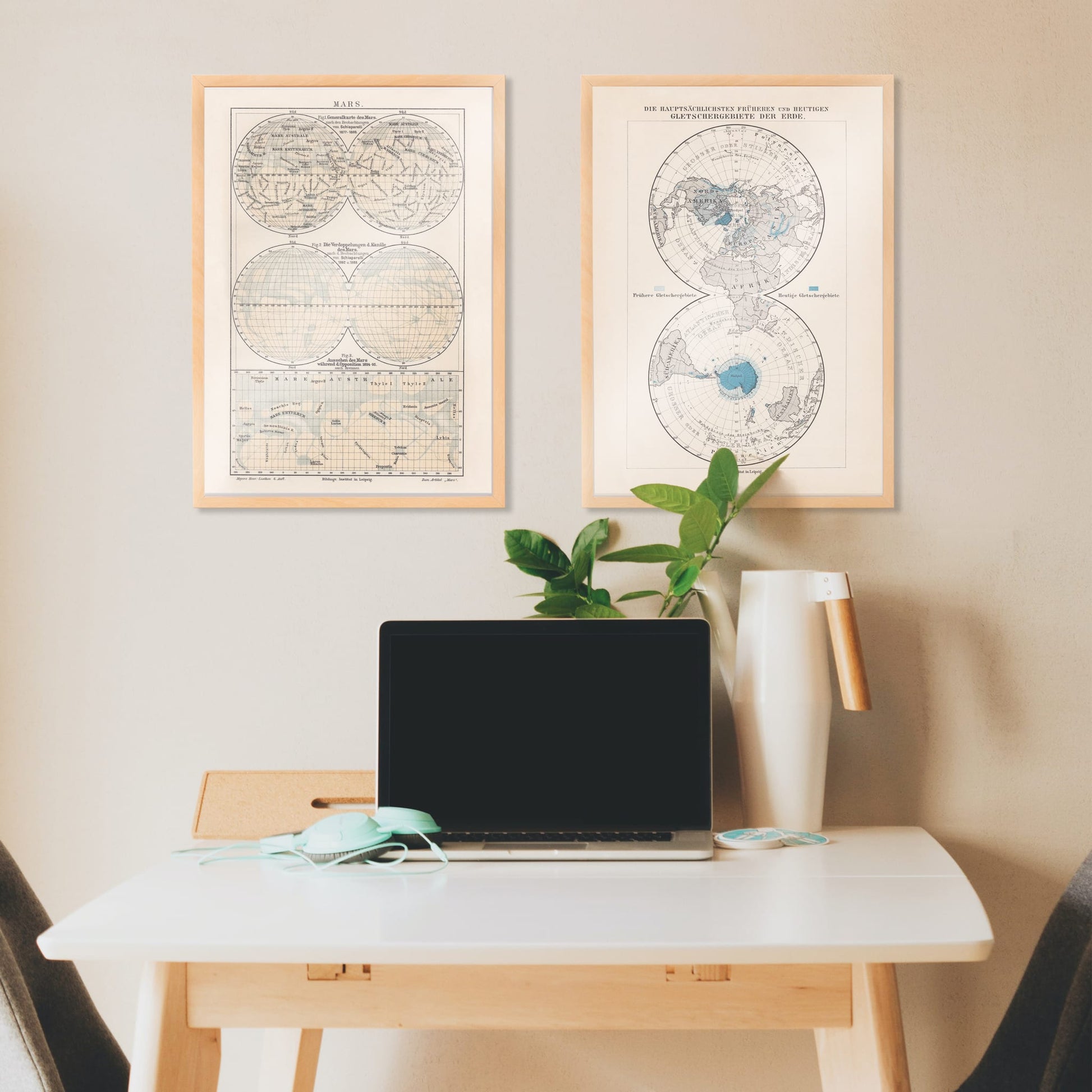 Vintage map of Mars illustration and scientific reference poster by Bibliographic institute of Liepzig, framed and displayed in home decor