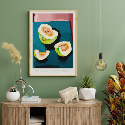 Colorful abstract fruit and sliced melons on a blue table by Romuald Kamil Witkowski Warsaw Evenings Plac Zamkowy poster, framed and displayed in home decor