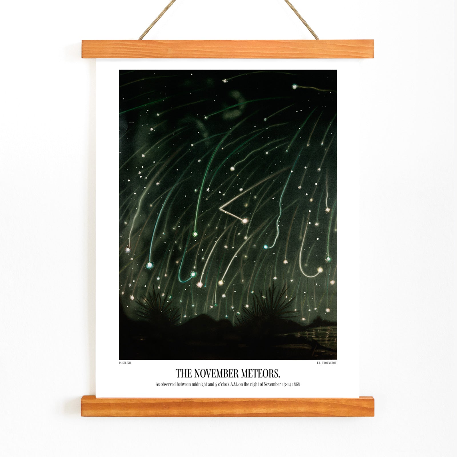 The November Meteors by E L Trouvelot night sky artwork poster featuring bright meteors streaking above a dark landscape, with wooden magnetic frame on white background