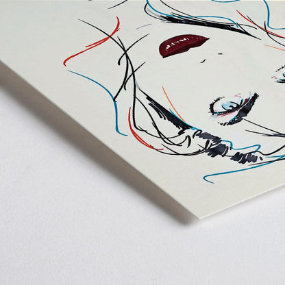 Closeup detail of Metropolis Julie female portrait by Dennis Mukai colorful abstract lines bold lips poster at Art World Expo