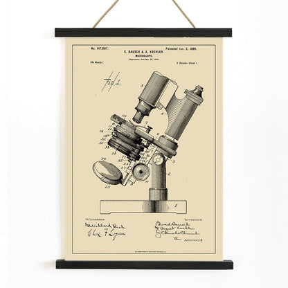 Detailed illustration and poster of microscope patent by E Bausch featuring detailed drawing titled Microscope Patent, with wooden magnetic frame on white background