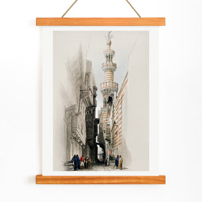 Minaret of the mosque The Rhamree with people in traditional attire street view and poster artwork by David Roberts, with wooden magnetic frame on white background