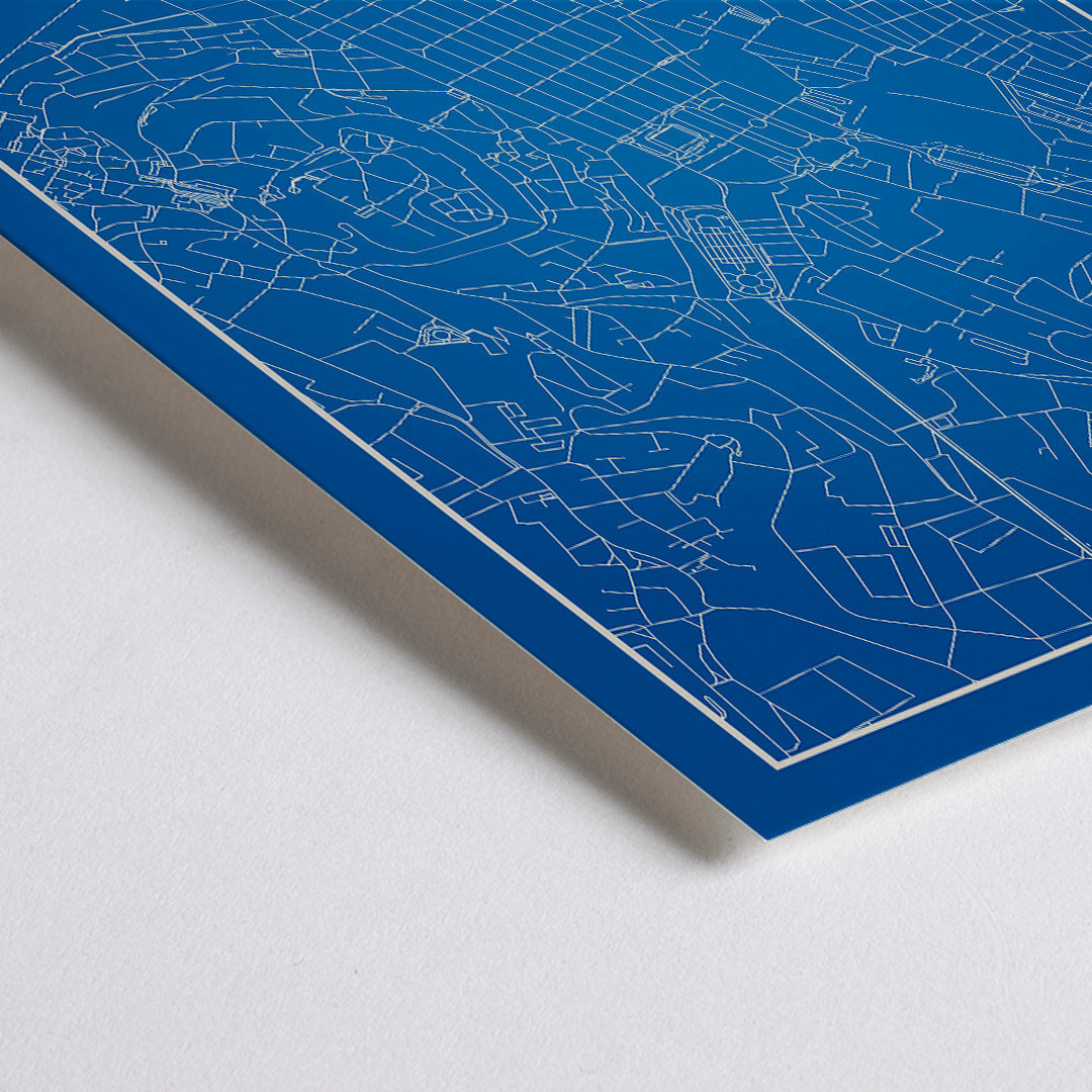 Closeup detail of Minimalist Lisbon Map artwork in blue and white showing city map skyline and landmarks silhouette poster