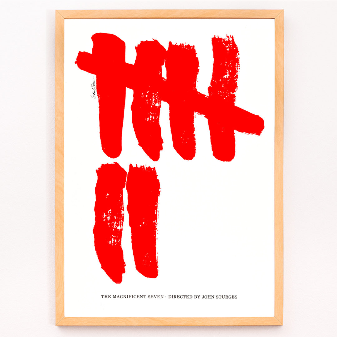 Closeup detail of Minimalist movie poster for The Magnificent Seven by Saul Bass with bold red brushstroke tally marks on white background