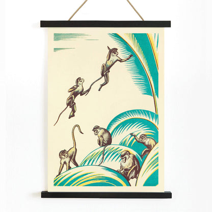 Illustration and poster of five monkeys playing among green palm leaves in the jungle titled A Jungle Picnic Pl 20 by Clifford Webb, with wooden magnetic frame on white background