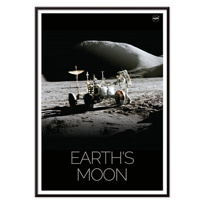 Astronaut beside lunar rover on the moon surface Man on Moon 1 by NASA poster with Earths Moon text, with black aluminium frame on white background