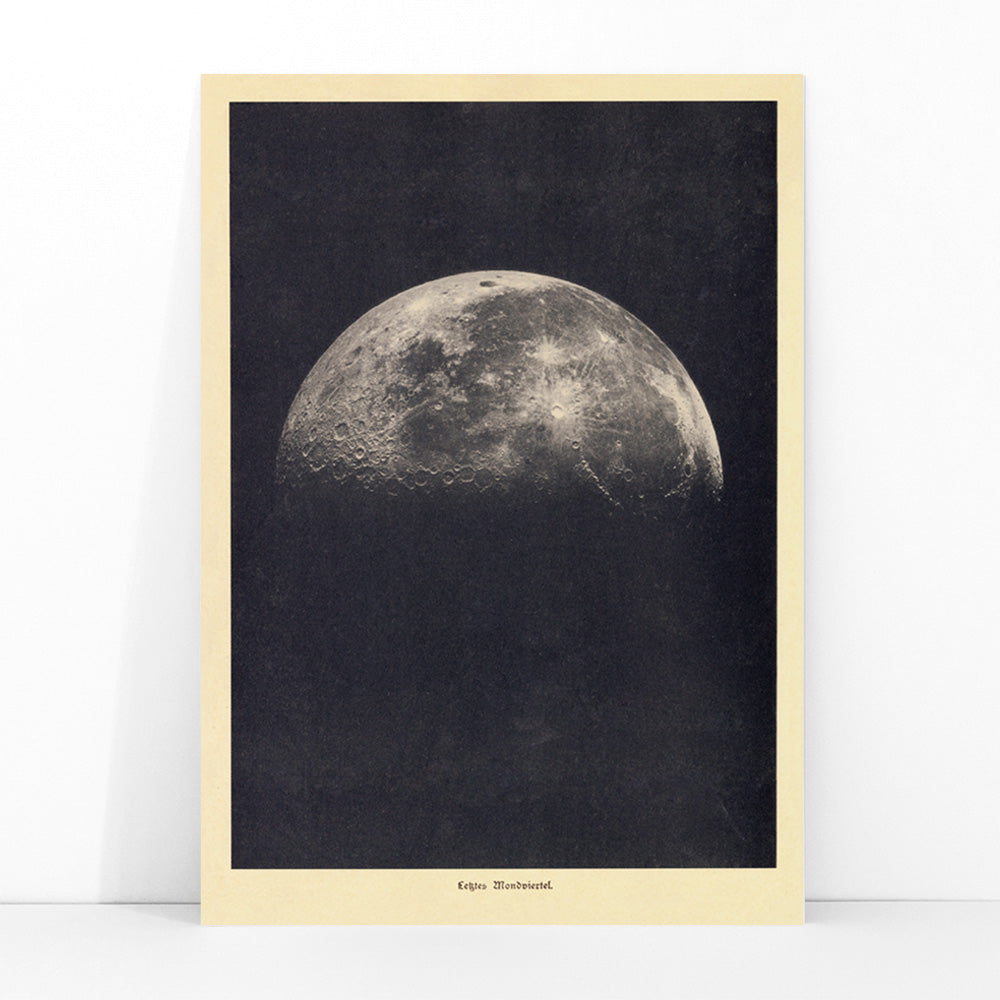 Black and white lunar surface artwork and detailed moon illustration poster by Institute of Liepzig wall art for home decor, framed and displayed in modern living room decor