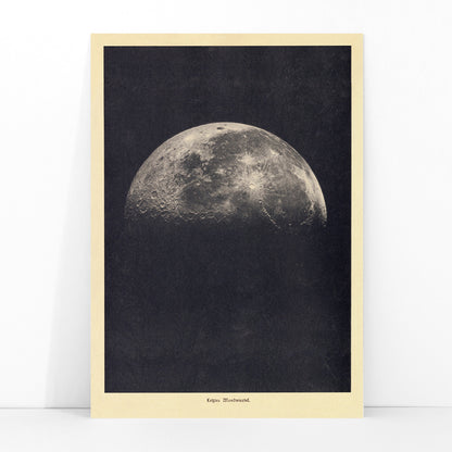 Black and white lunar surface artwork and detailed moon illustration poster by Institute of Liepzig wall art for home decor, framed and displayed in modern living room decor